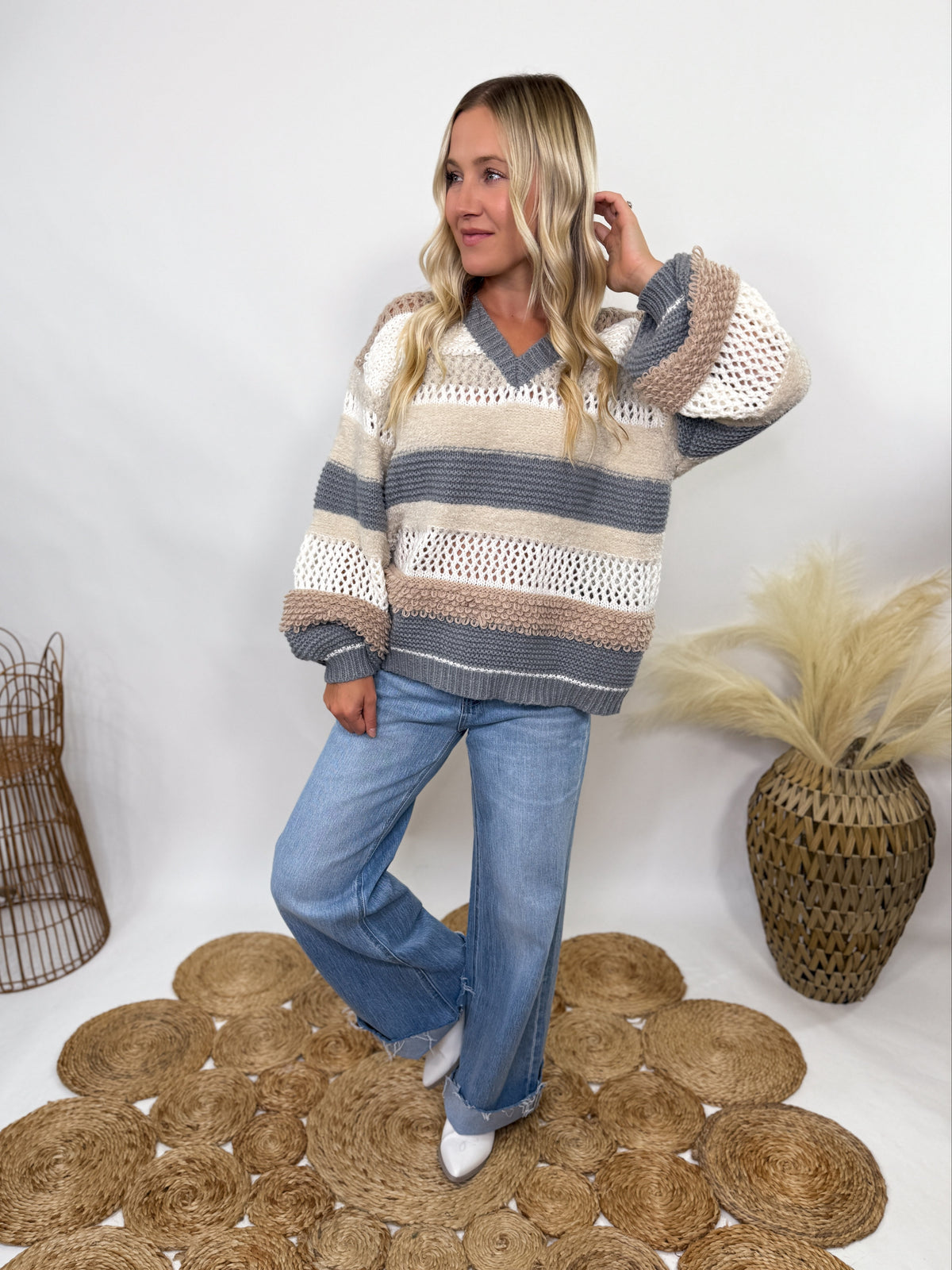 POL neutral colorblock striped oversized sweater.