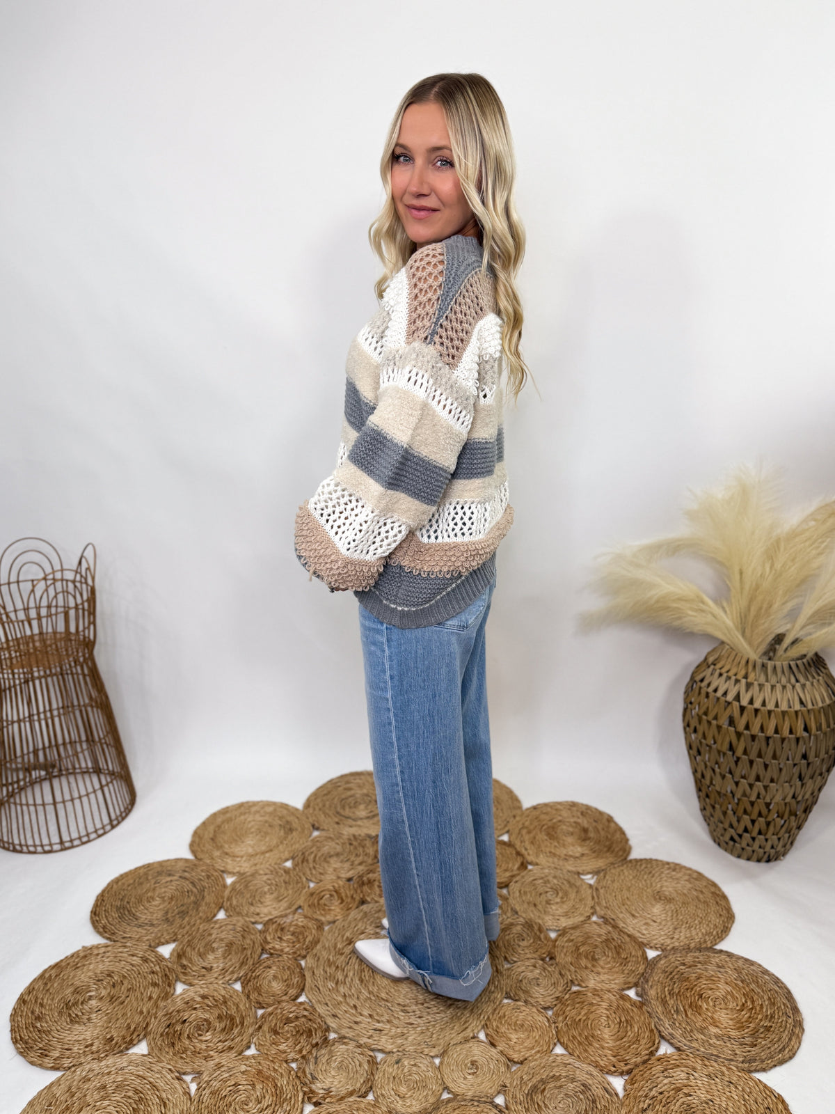 POL neutral colorblock striped oversized sweater.