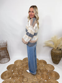 POL neutral colorblock striped oversized sweater.