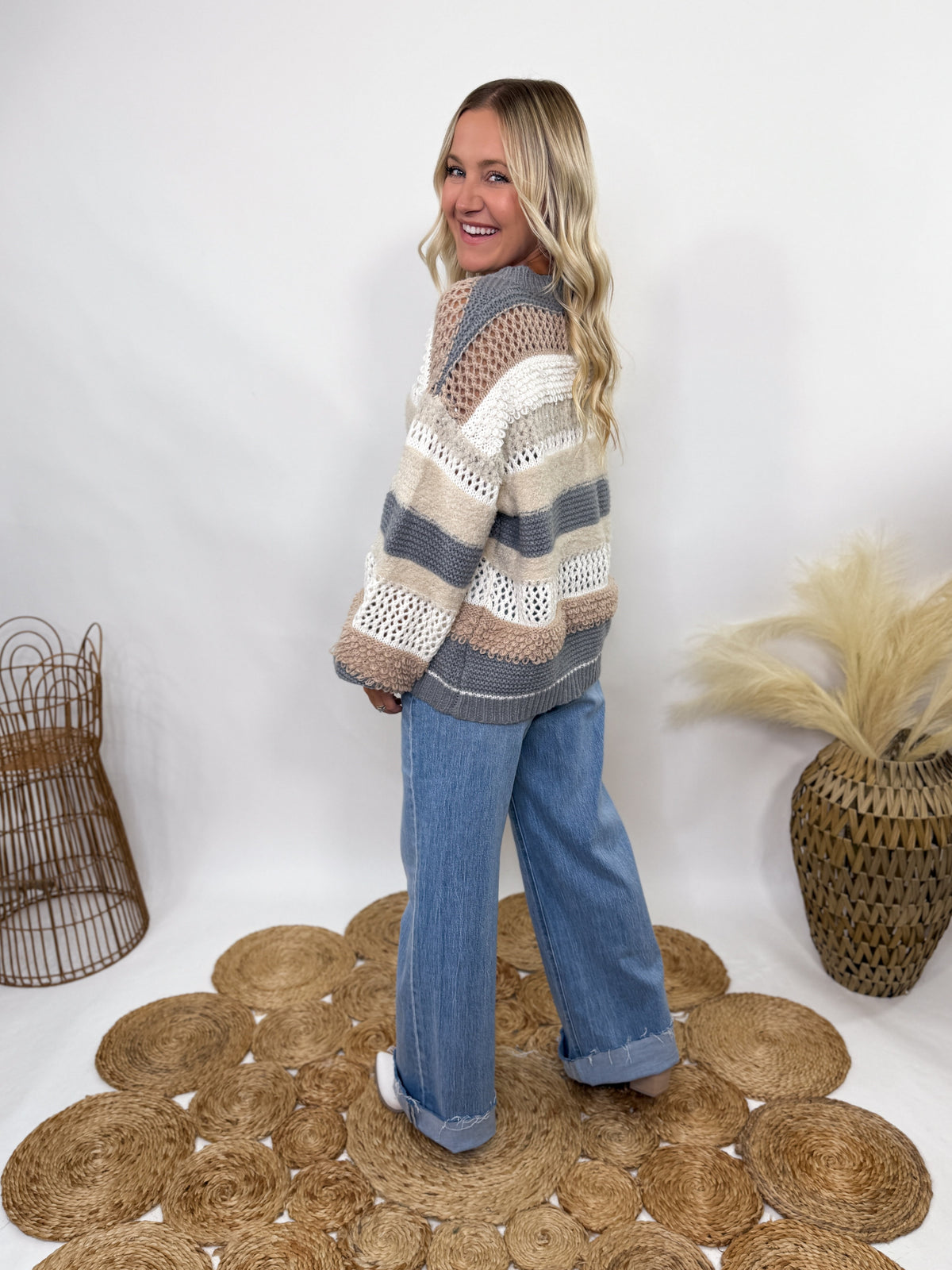 POL neutral colorblock striped oversized sweater.