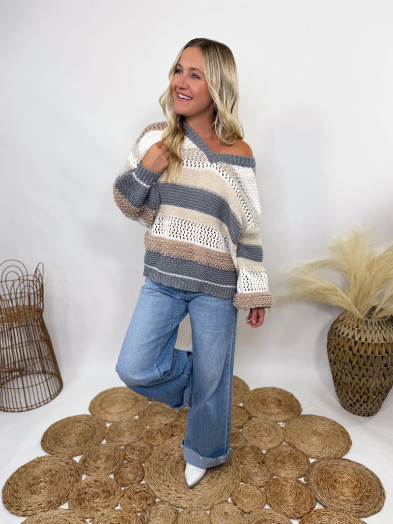 POL neutral colorblock striped oversized sweater.