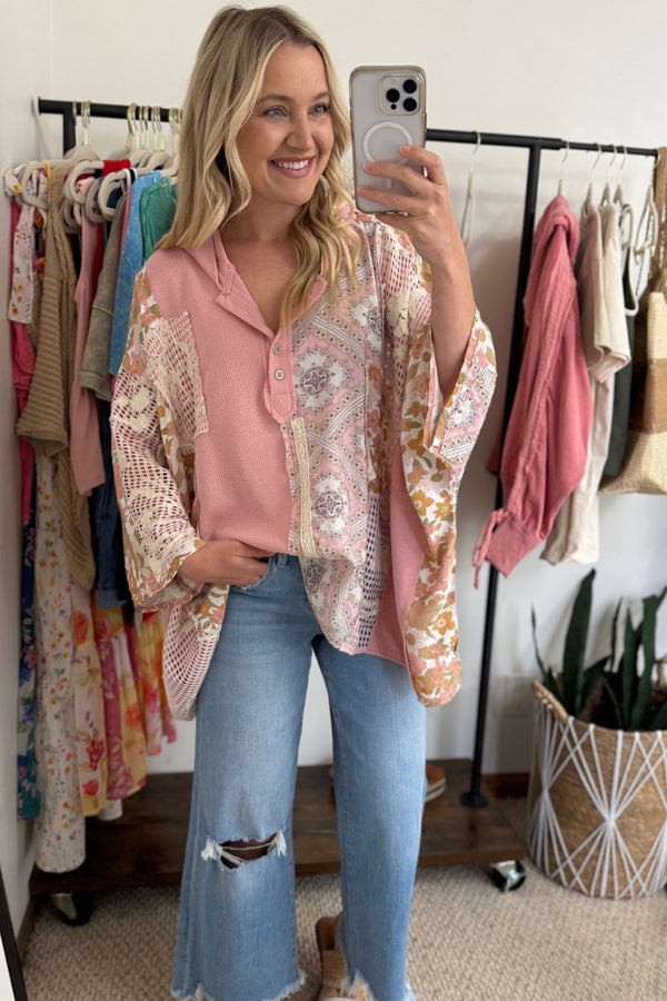 PPOL Boho pink floral patchwork hoodie. Spring/summer outfit inspo.