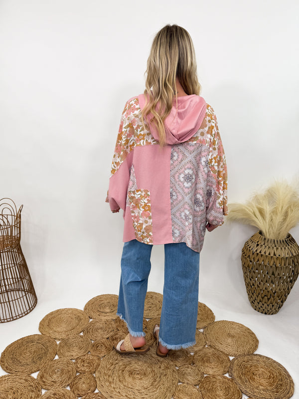 Boho pink floral crochet patchwork hoodie by POL, perfect for spring and summer layering.