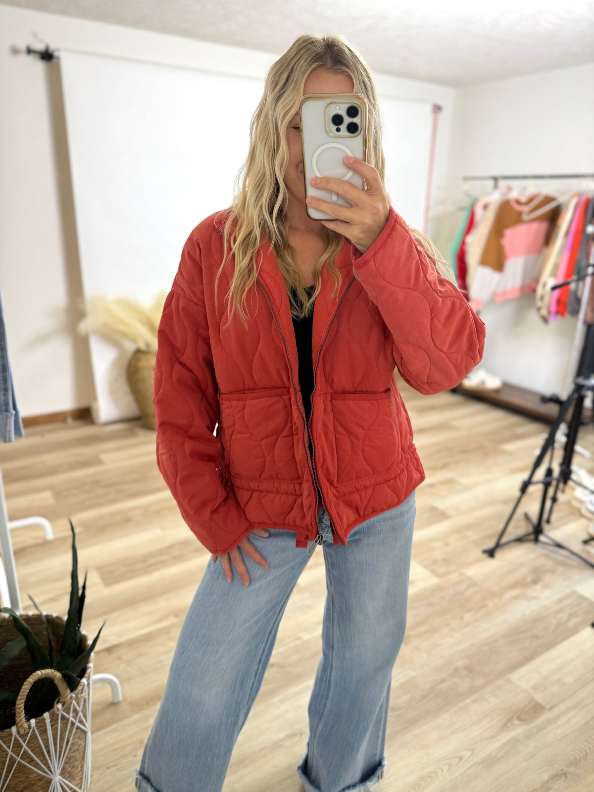game day pale red quilted zip up jacket