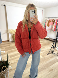 game day pale red quilted zip up jacket