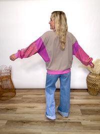 pink patchwork crewneck pullover - floral, stripes - oversized fit