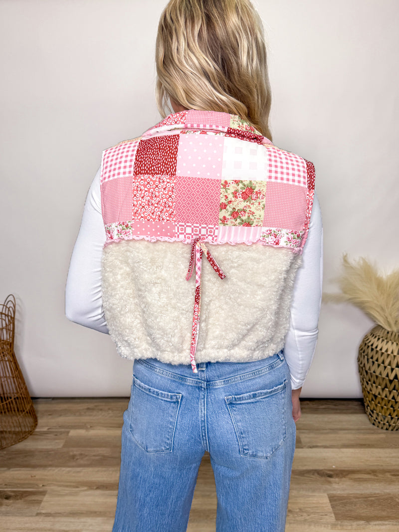 Pink patchwork Sherpa zip up vest for winter