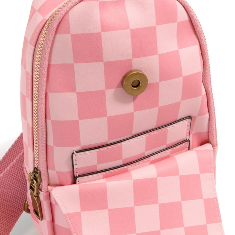 Pink Checkered Vegan Leather Sling Bag With Side Adjustable Strap
