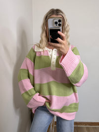 Pink + Sage Green Wide Stripe Oversized Spring Sweater