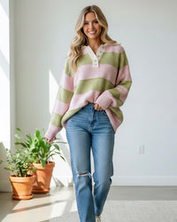 Peach Love CA Pink and green spring striped sweater oversized fit