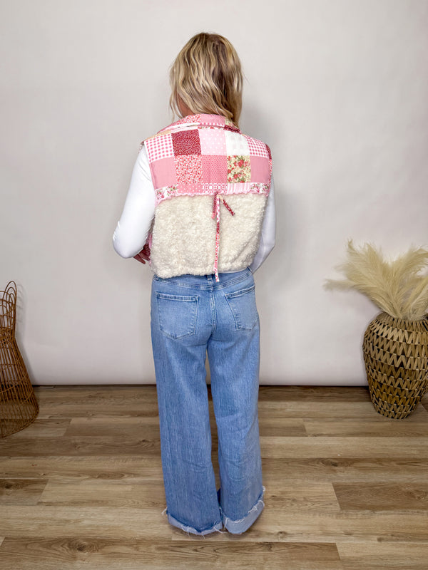Pink patchwork Sherpa zip up vest for winter