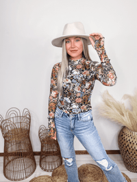 Promesa Boho Floral Print Semi-Sheer Mesh Long Sleeve Top Thumbhole Sleeves Center is Lined with Black Mesh Fitted with Slight Stretch 100% Nylon