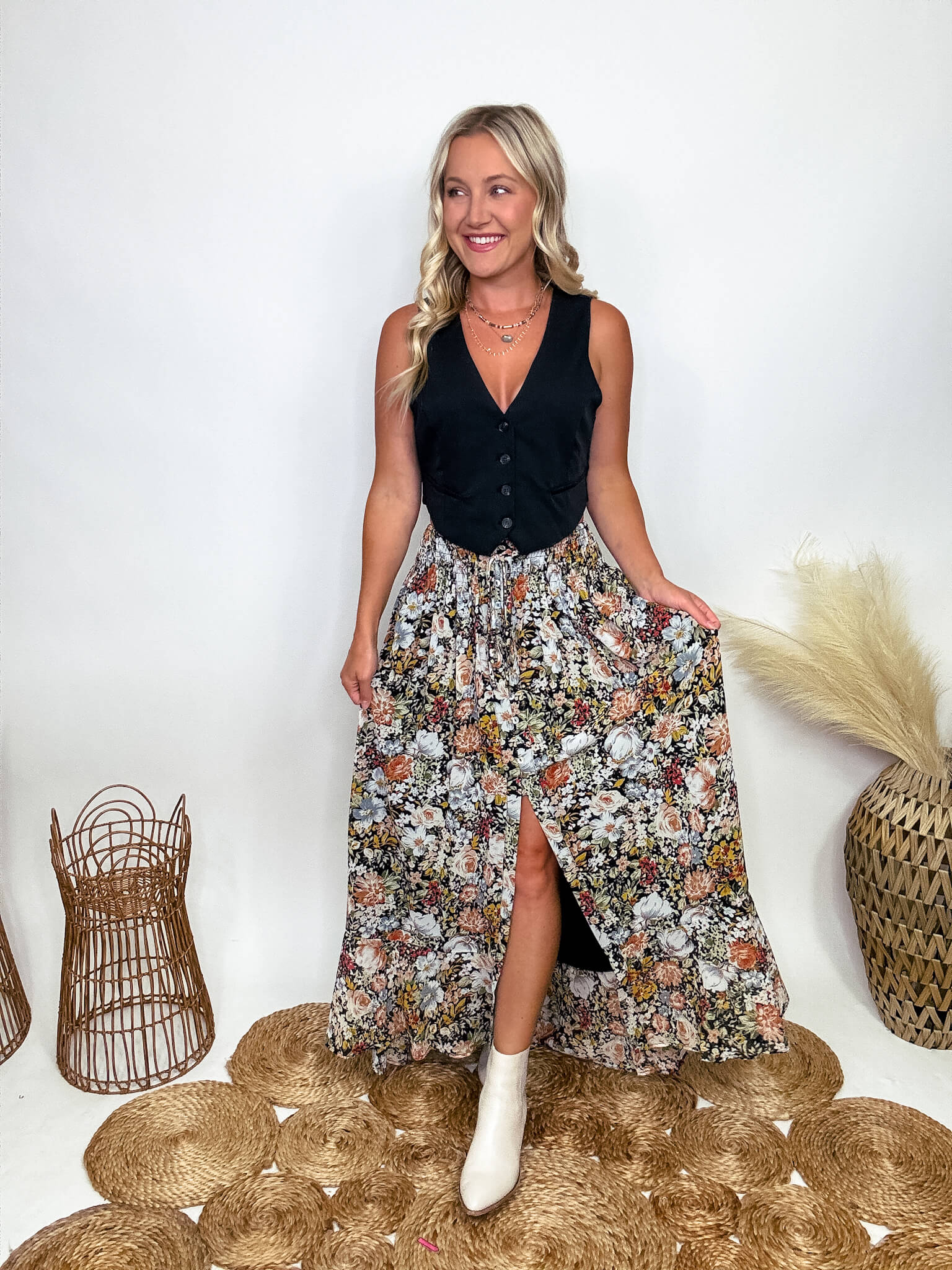 Black and white floral maxi skirt shop