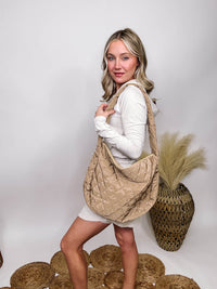 Quilted Puffer Shoulder Tote Bag in Khaki Full Zip Closure One Inner Zip Pocket Approximate 15.75"L x 13.75"H x 4.25"D
