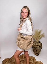Quilted Puffer Shoulder Tote Bag in Khaki Full Zip Closure One Inner Zip Pocket Approximate 15.75"L x 13.75"H x 4.25"D