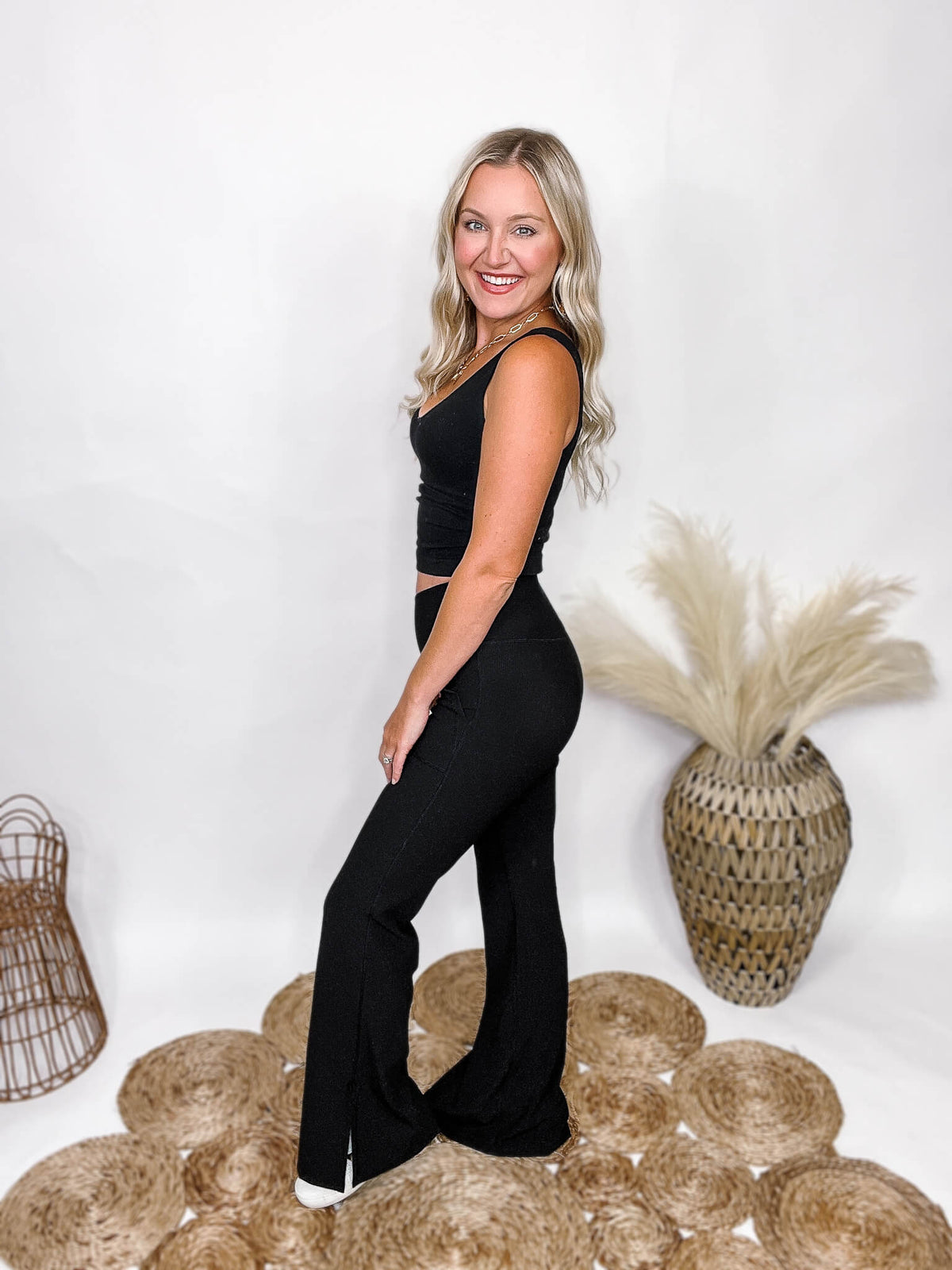 Rae Mode Black Ribbed V Waist Crossover Flared Bell Bottom Leggings Side Slits on Bottom Hem Fitted, Stretchy and Smoothing 90% Polyester, 10% Spandex True to Size