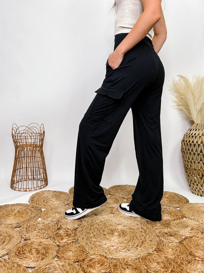 Rae Mode Black Straight Relaxed Leg Cargo Pants Buttery Soft Stretchy Two Side Pockets Two Cargo Pockets True to Size 84% Poly Microfiber, 16% Spandex