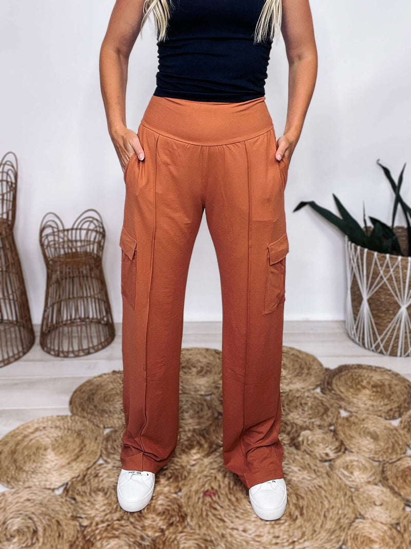 Image of Rae Mode Desert Sun Straight Relaxed Leg Cargo Pants that are a Buttery Soft Stretchy material that have Two Side Pockets, Two Cargo Pockets, True to Size 84% Poly Microfiber, 16% Spandex