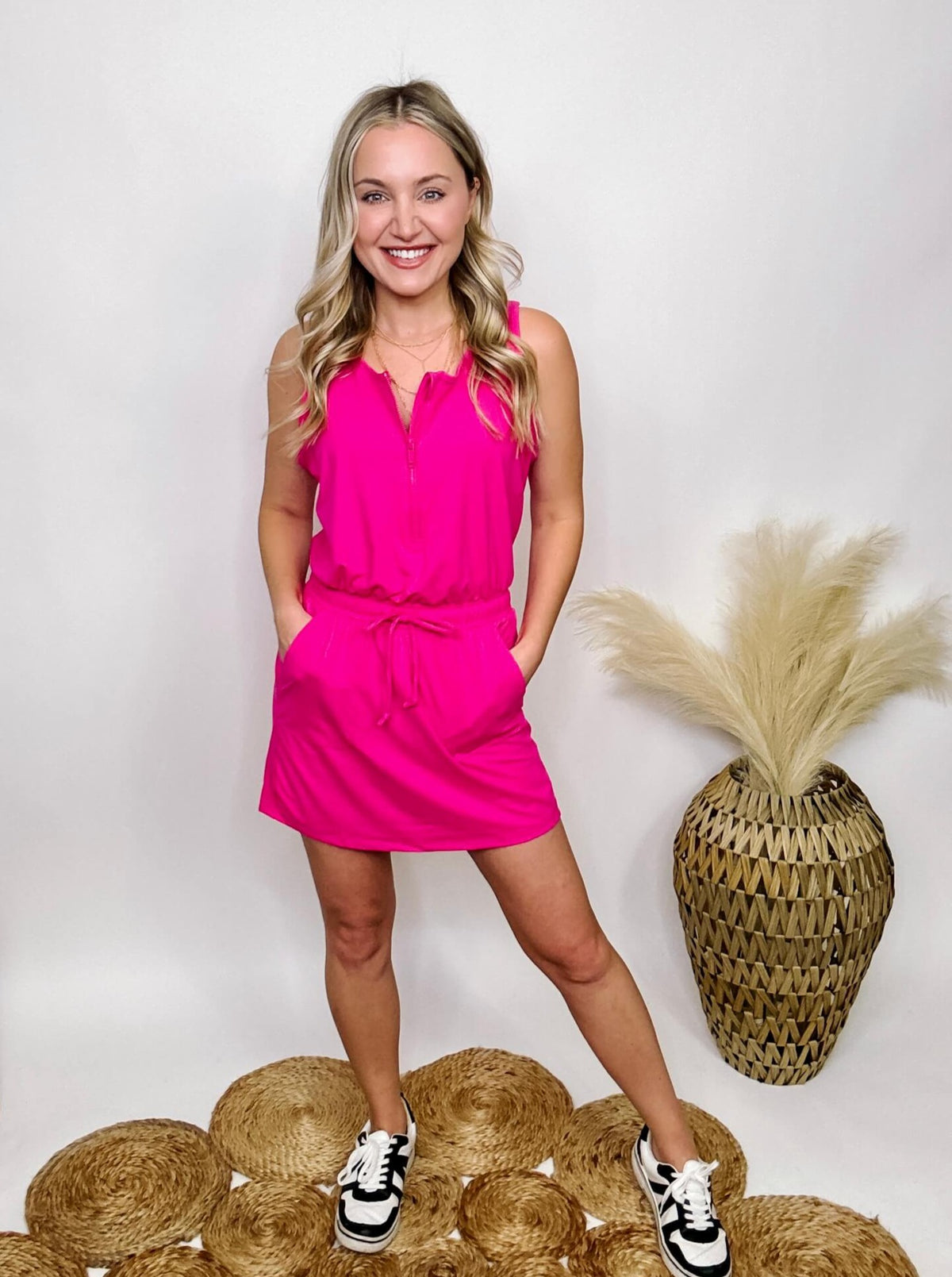 Rae Mode Hot Pink Romper Dress Built in Biker Shorts Elastic Drawstring Waist Functioning Zipper Side Pockets Stretchy Buttery Soft Material True to Size 84% Poly Microfiber 16% Spandex