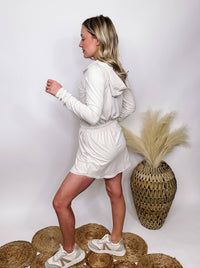 Rae Mode White Pearl Long Sleeve Hoodie Romper Dress Built in Biker Shorts Elastic Drawstring Waist Functioning Zipper Side Pockets Stretchy Buttery Soft Material True to Size 84% Poly Microfiber 16% Spandex