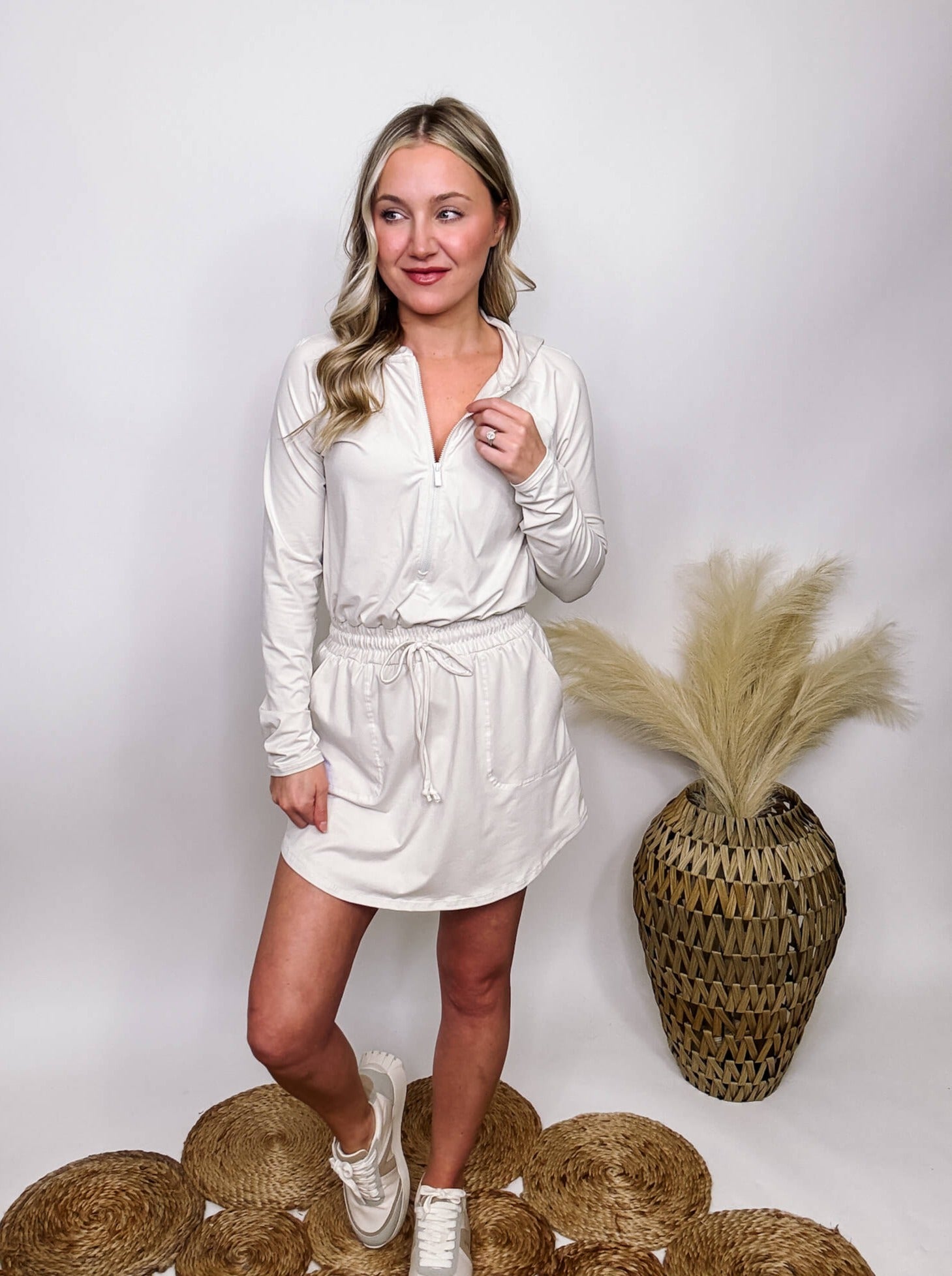 Women s Long Sleeve Buttery Soft Hoodie Romper Dress in White Pearl Bmaes Boutique