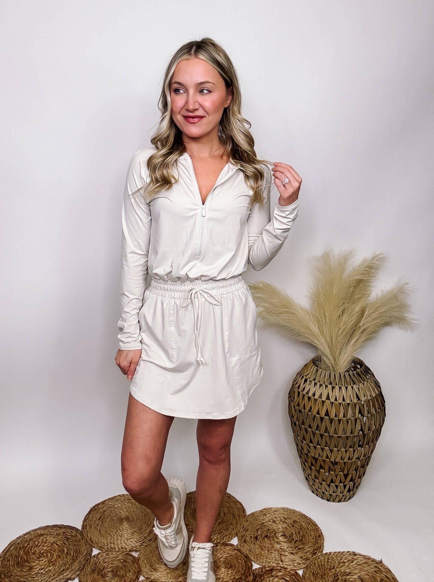 Women s Long Sleeve Buttery Soft Hoodie Romper Dress in White Pearl Bmaes Boutique