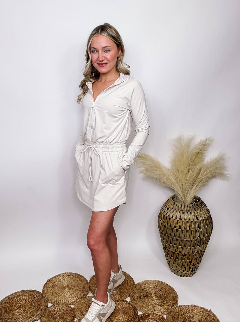 Rae Mode White Pearl Long Sleeve Hoodie Romper Dress Built in Biker Shorts Elastic Drawstring Waist Functioning Zipper Side Pockets Stretchy Buttery Soft Material True to Size 84% Poly Microfiber 16% Spandex