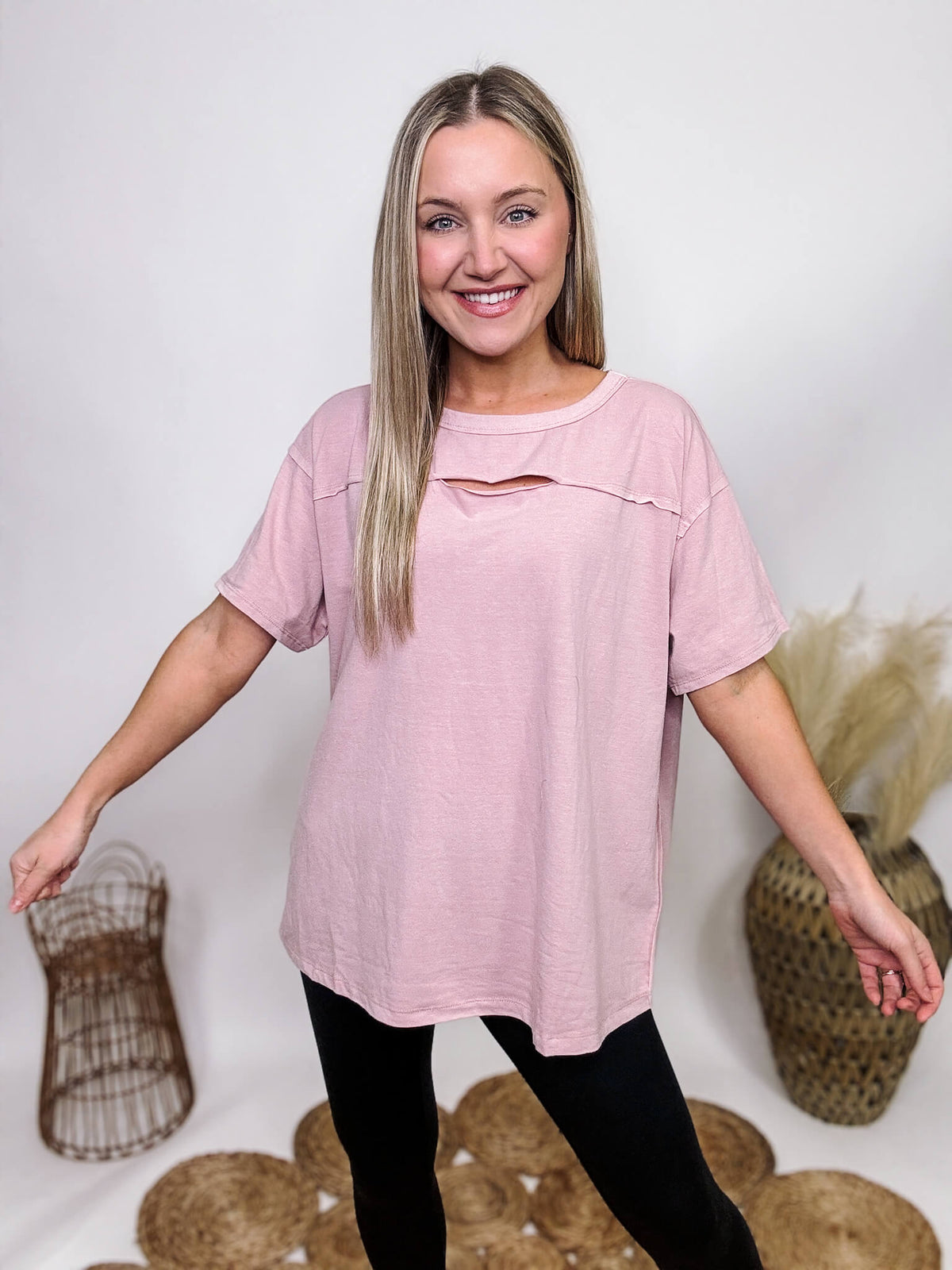 Rae Mode Pink Blush Oversized T-Shirt Cutout Detail at Chest Oversized Fit Mineral Washed 48% Polyester, 37% Cotton, 12% Rayon, 3% Spandex