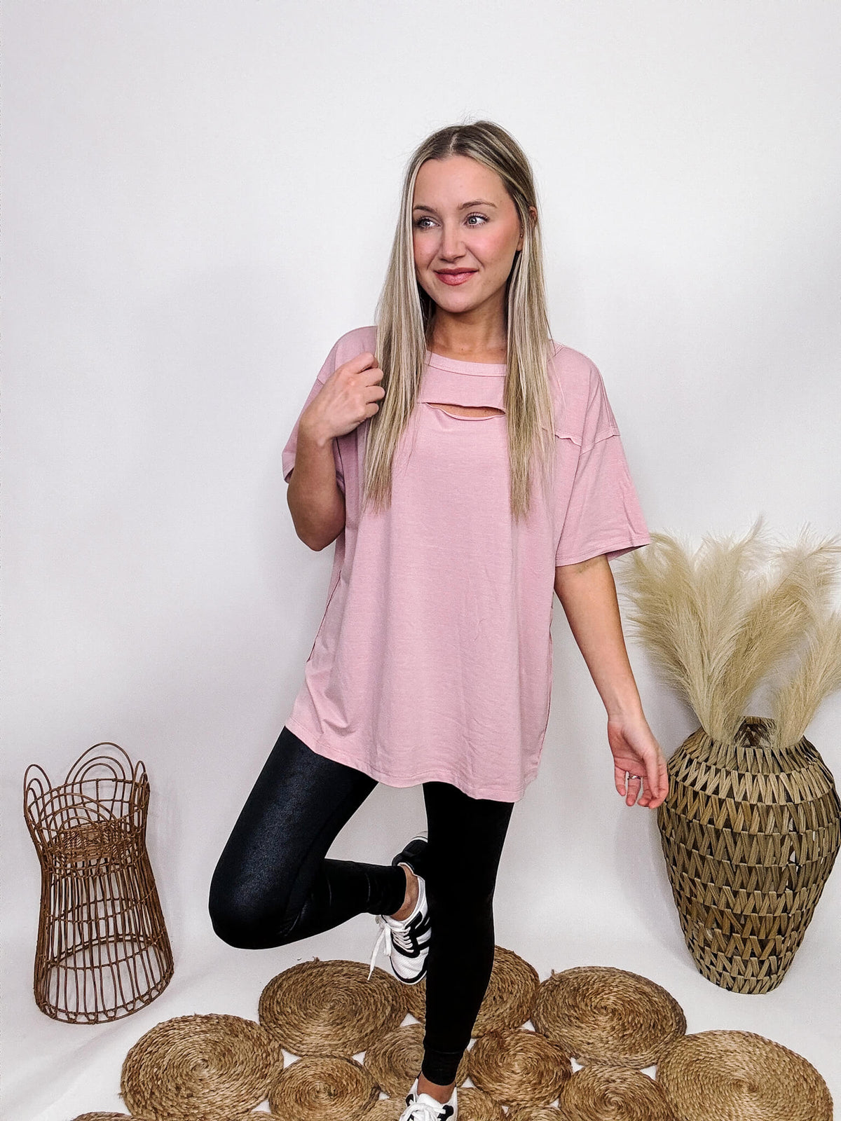 Rae Mode Pink Blush Oversized T-Shirt Cutout Detail at Chest Oversized Fit Mineral Washed 48% Polyester, 37% Cotton, 12% Rayon, 3% Spandex