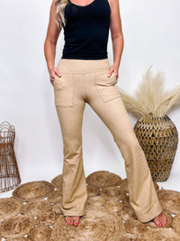 Rae Mode Light Tan Ribbed Brushed Super Soft Flare Bell Bottom Legging Pants Side Pockets Fitted, Stretchy and Smoothing 90% Polyester, 10% Spandex True to Size