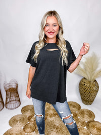 Rae Mode Washed Black Oversized T-Shirt Cutout Detail at Chest Oversized Fit Mineral Washed 48% Polyester, 37% Cotton, 12% Rayon, 3% Spandex
