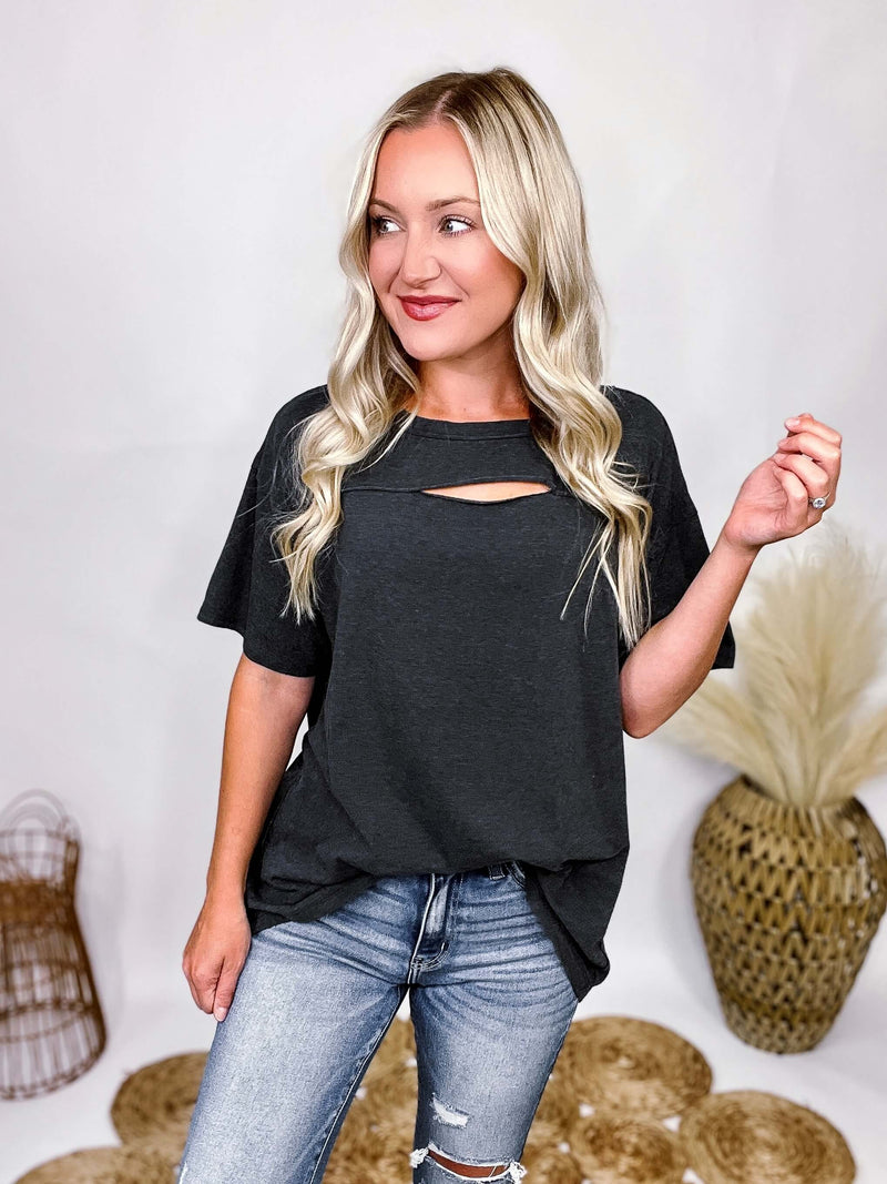 Rae Mode Washed Black Oversized T-Shirt Cutout Detail at Chest Oversized Fit Mineral Washed 48% Polyester, 37% Cotton, 12% Rayon, 3% Spandex