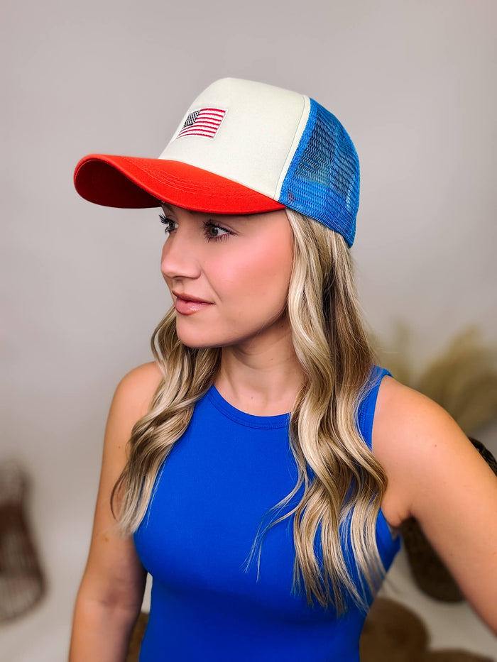 Red, White and Blue American Flag Embroidered Trucker Hat With Mesh Back