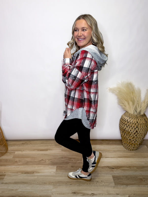 Red Plaid Flannel Hoodie Shacket