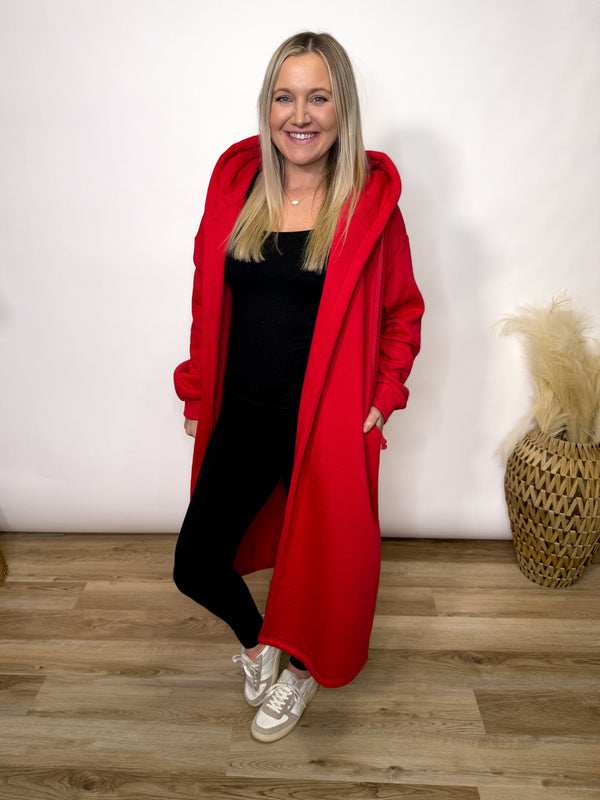 Red Fleece Lined Oversized Hoodie Cardigan
