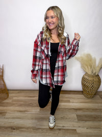 Red & black Plaid Flannel Hoodie Shacket