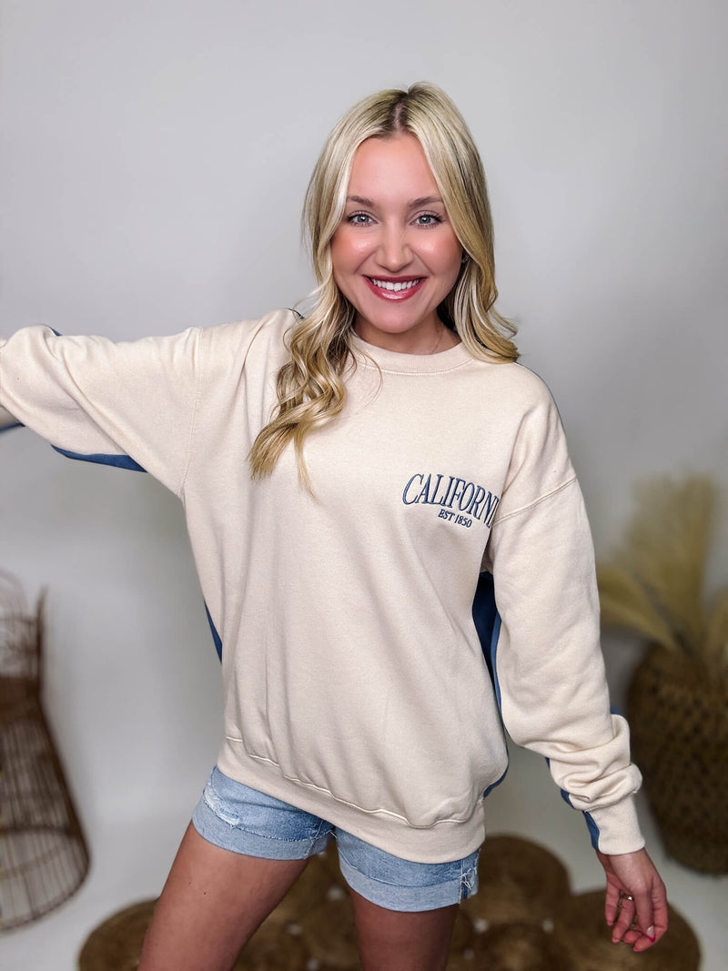 ReflexTwo Tone Embroidered California Blue and Cream Oversized Pullover