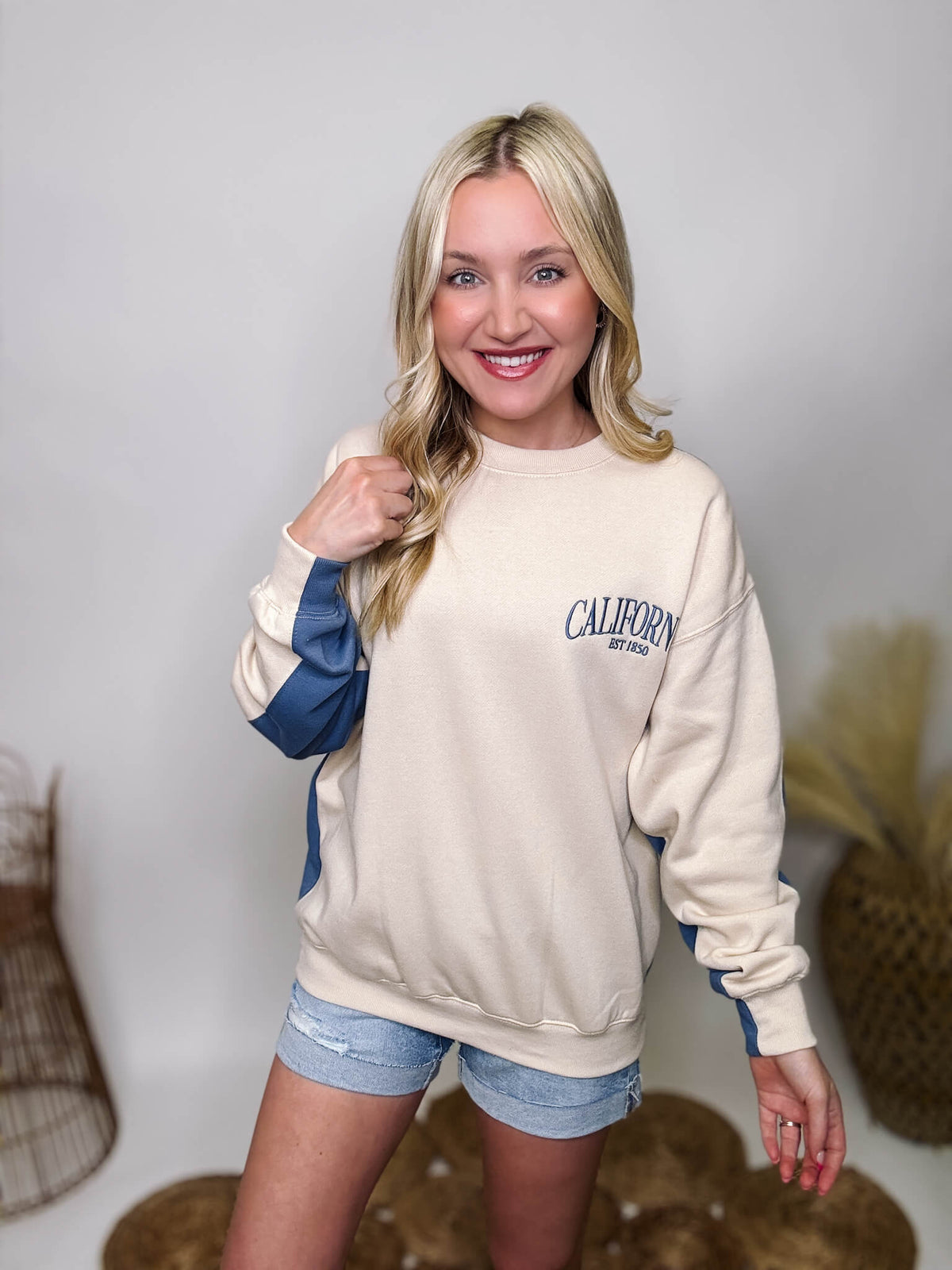 ReflexTwo Tone Embroidered California Blue and Cream Oversized Pullover