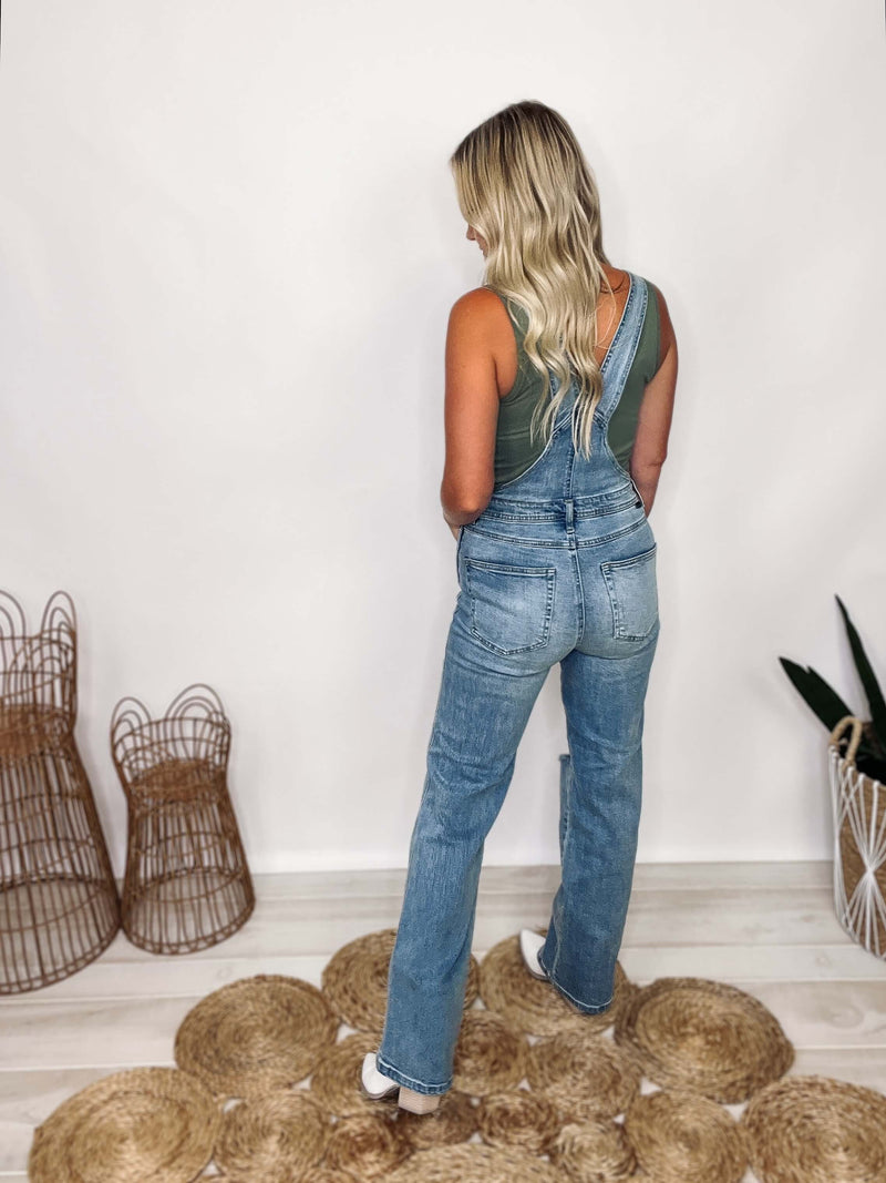 Distressed Stretchy Distressed Straight Leg Overalls