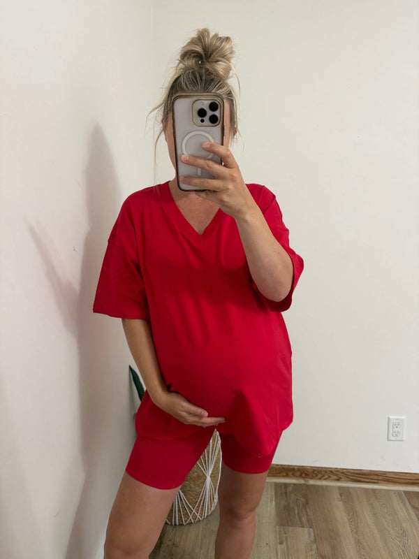 Ruby Red Cotton V-Neck Top & Biker Shorts Set