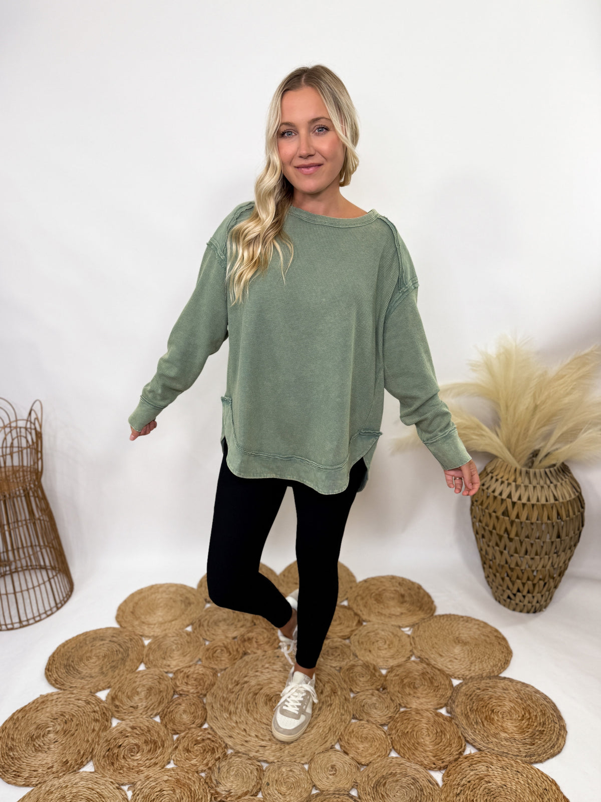Sage Green Mineral Washed Elbow Patch Long Sleeve Top