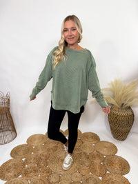 Sage Green Mineral Washed Elbow Patch Long Sleeve Top