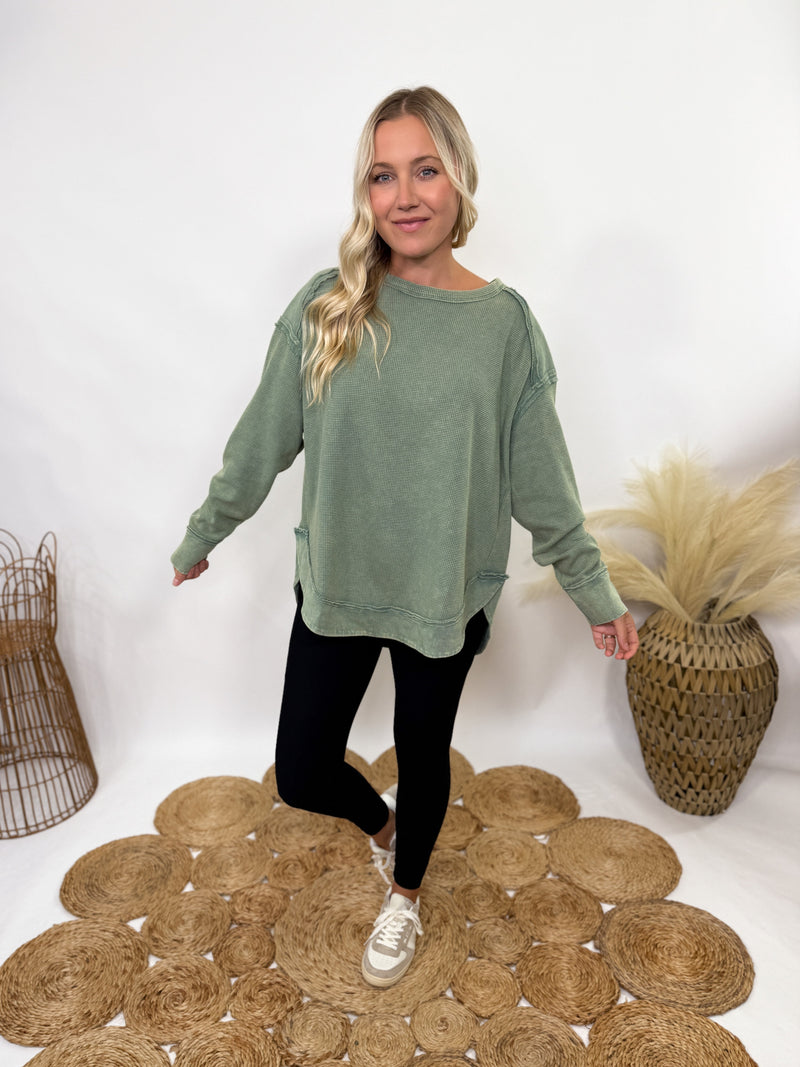 Sage Green Mineral Washed Elbow Patch Long Sleeve Top
