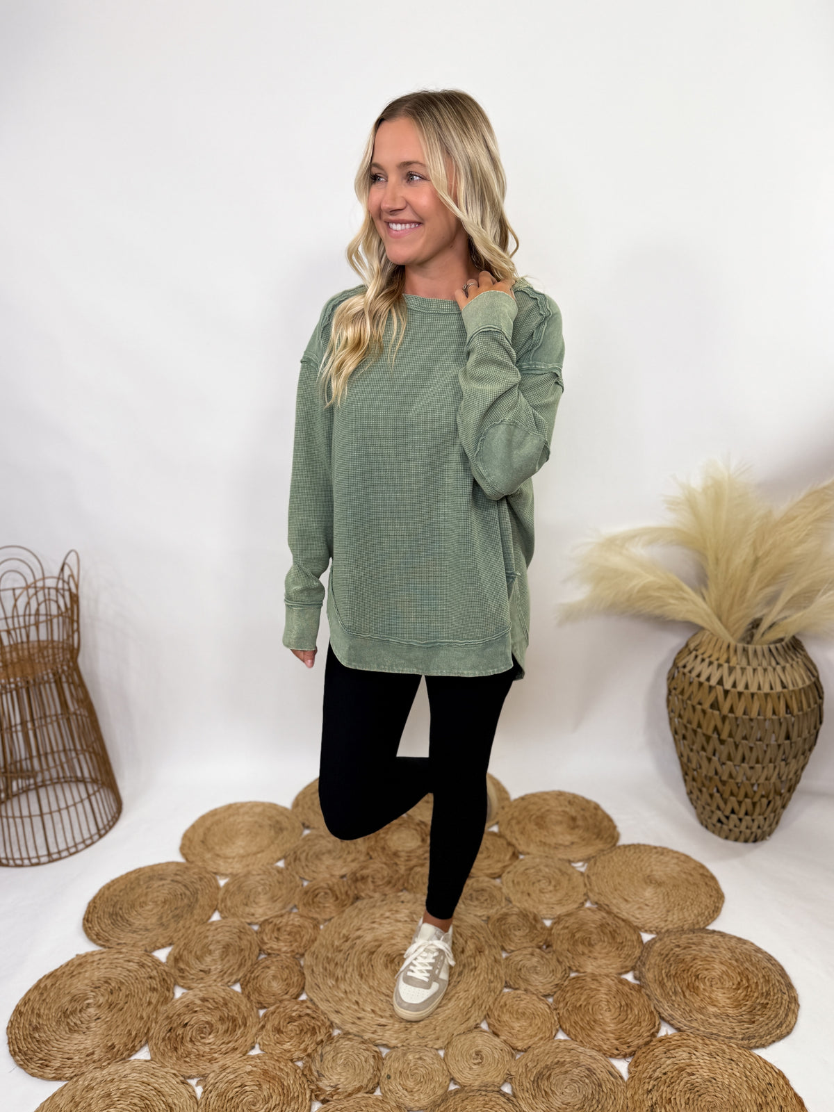 Sage Green Mineral Washed Elbow Patch Long Sleeve Top