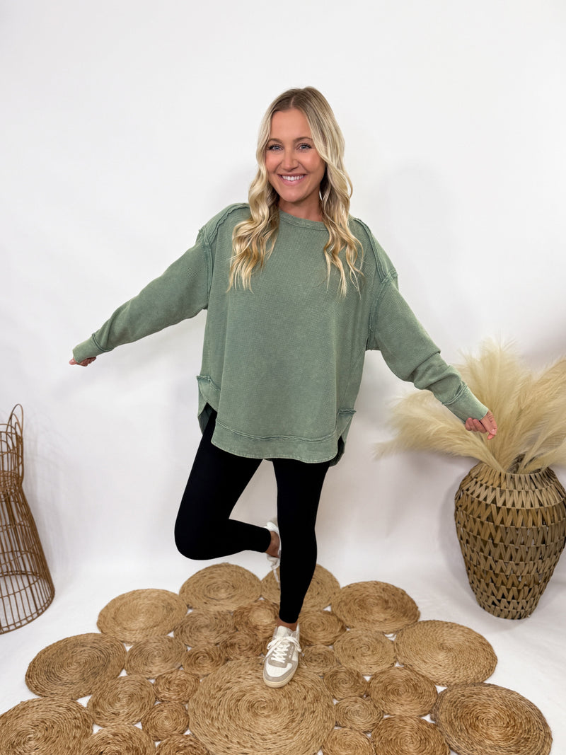 Sage Green Mineral Washed Elbow Patch Long Sleeve Top