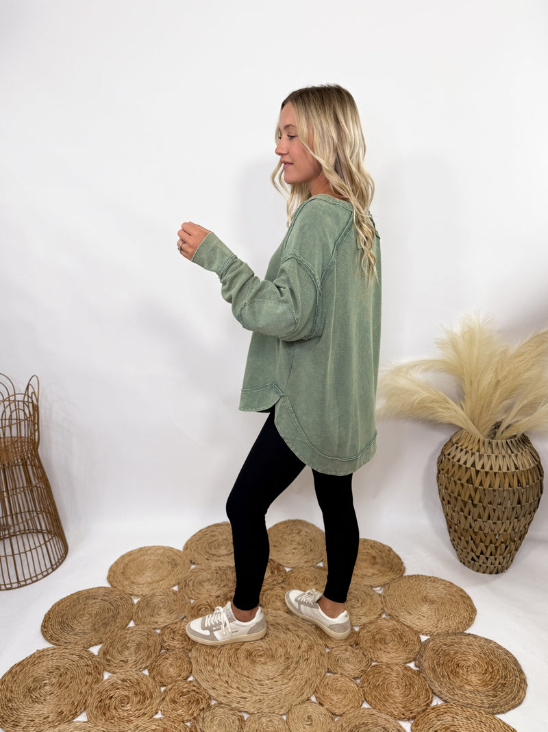 Sage Green Mineral Washed Elbow Patch Long Sleeve Top