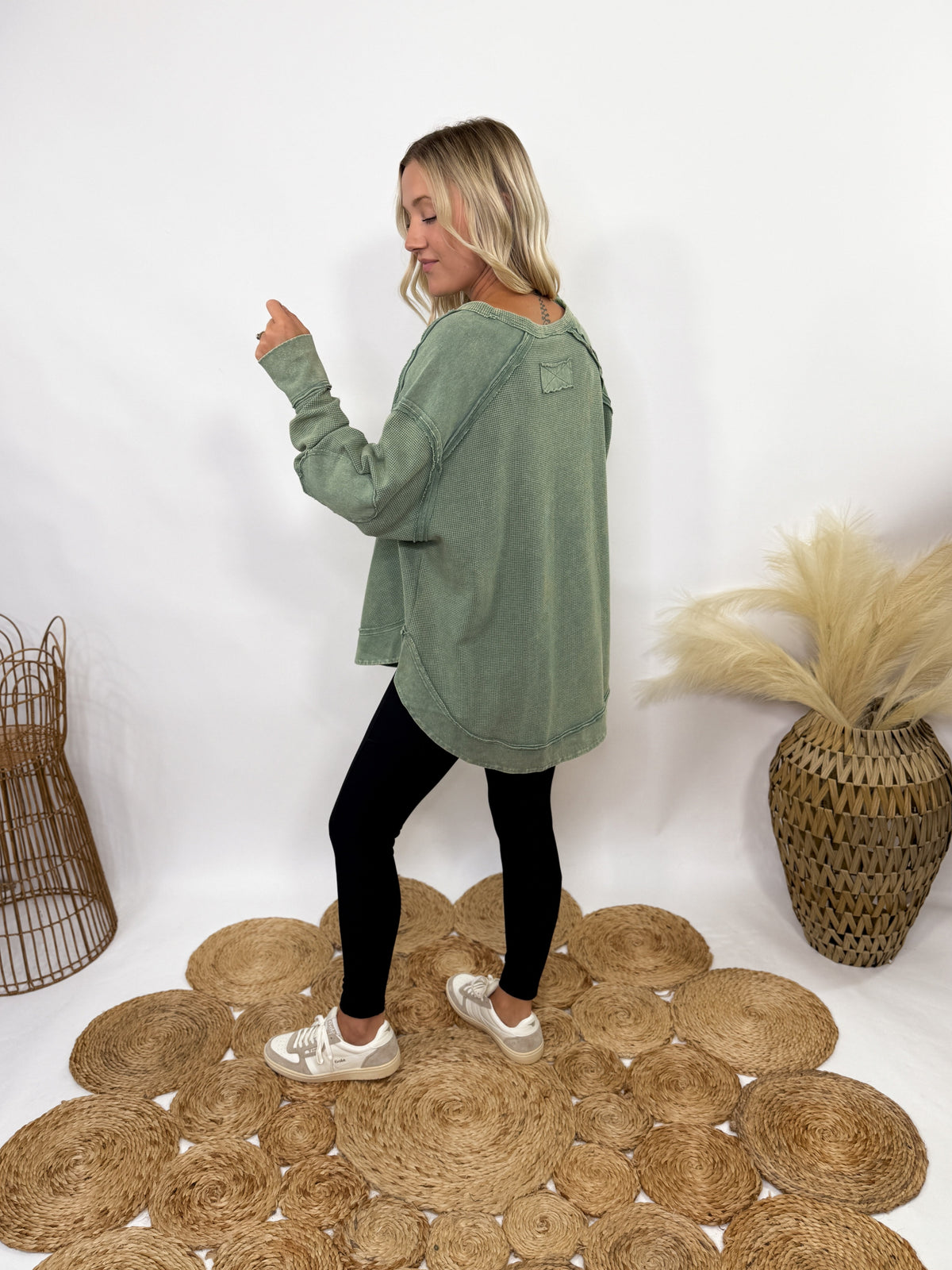 Sage Green Mineral Washed Elbow Patch Long Sleeve Top