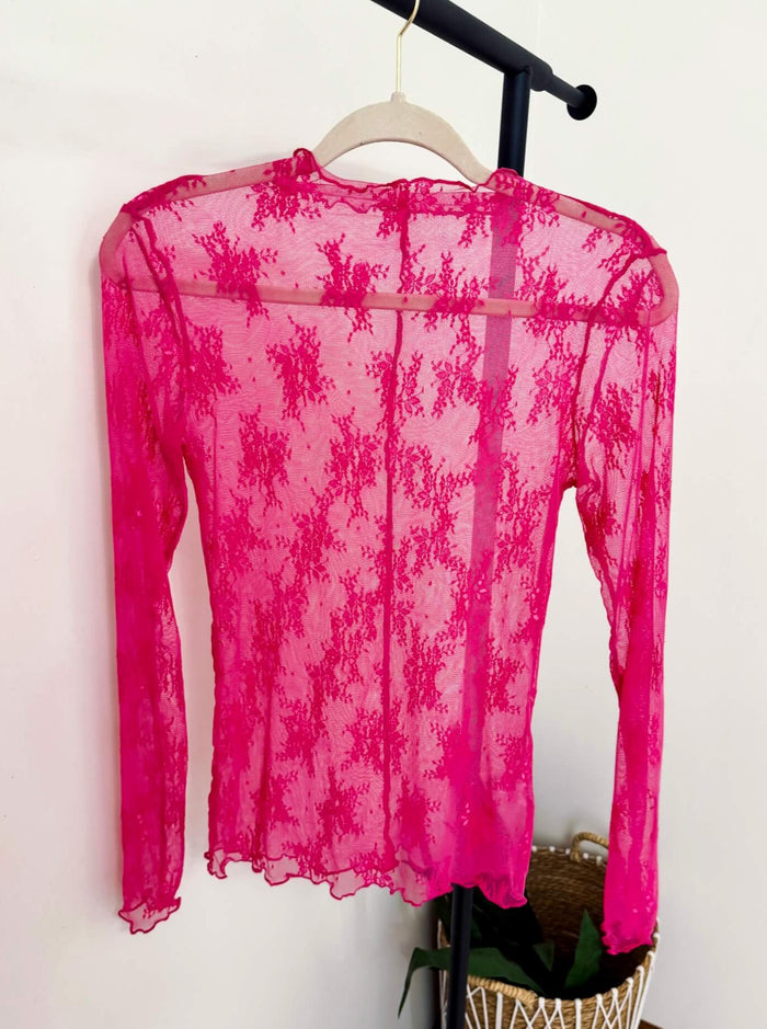 Hot Pink Sheer Lace Mesh Long Sleeve Layering Top