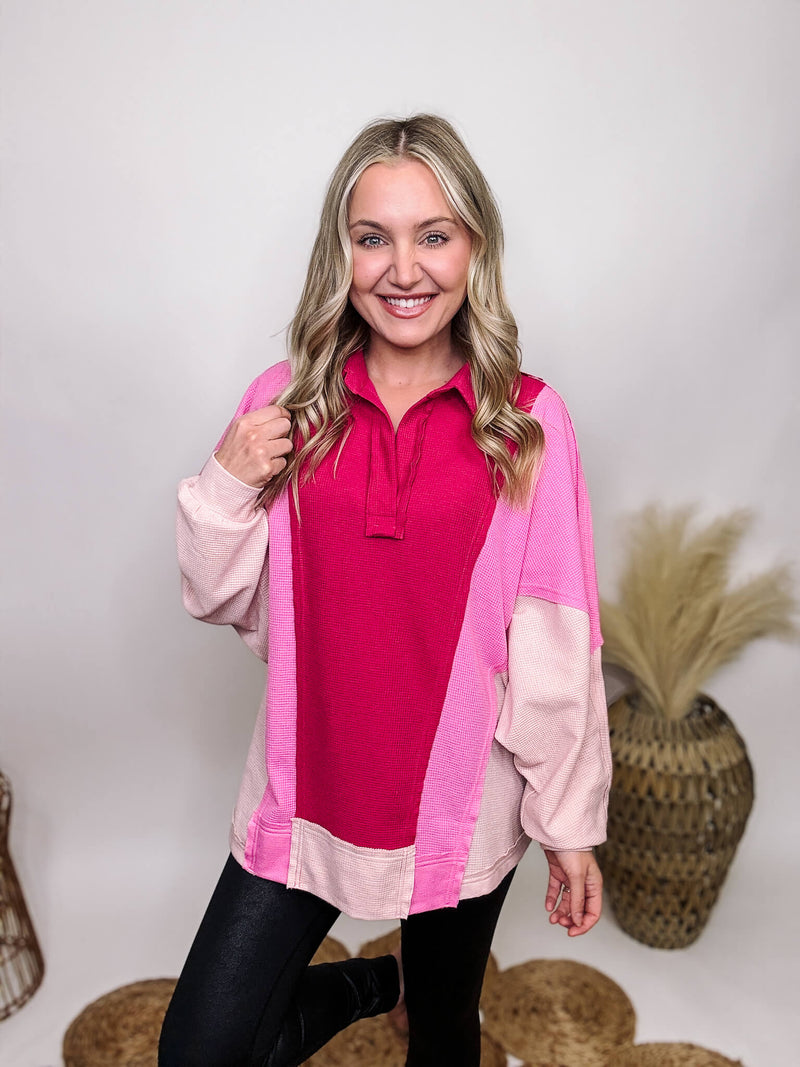 Sewn and Seen Pink Colorblock Lightweight Thermal Collared V-Neck Long Sleeve Top Exposed Stitch Detail Oversized Fit 69% Polyester, 31% Cotton