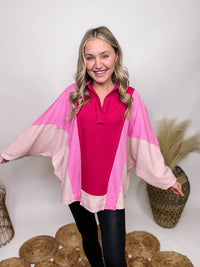 Sewn and Seen Pink Colorblock Lightweight Thermal Collared V-Neck Long Sleeve Top Exposed Stitch Detail Oversized Fit 69% Polyester, 31% Cotton